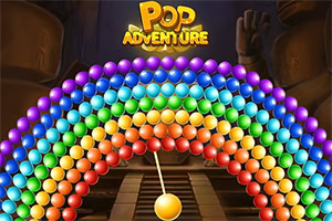 Fargerike kuler i regnbueform over en gul kule på et trebrett, med «Pop Adventure»-logo øverst