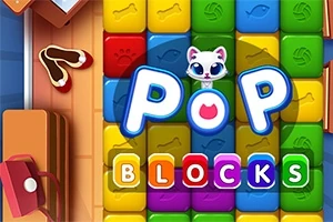 Fargerike blokker med teksten POP BLOCKS og en katt med store øyne midt i bildet