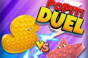 En gul pop-it i form av en and og en rosa pop-it i form av en stjerne med ansikter, i kamp mot hverandre med teksten POP IT!