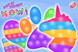Fargerike, poppbare fidget-leker i forskjellige former og størrelser mot en blå bakgrunn med teksten Pop It Fidget Now!
