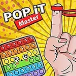 En tegneseriehånd med en rød hodebåndet finger omkranset av fargerike pop-it-leker med ansikter og strålende bakgrunn