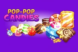 Fargerike godteri og søtsaker med teksten POP-POP CANDIES på en lilla bakgrunn