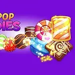 Fargerike godteri og søtsaker med teksten POP-POP CANDIES på en lilla bakgrunn
