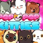 Søte animerte katter med smilende ansikter mot en rosa bakgrunn med teksten Pop Pop Kitties