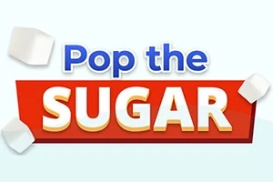 Teksten Pop the Sugar er plassert på en rød bakgrunn, omgitt av flygende sukkerbiter