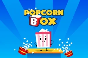 En illustrasjon av en tegneserieaktig popkornboks som smiler, med tekst Popcorn Box over; popkorn spruter ut av to boller på hver side mot en blå bakgrunn