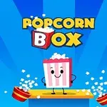 En illustrasjon av en tegneserieaktig popkornboks som smiler, med tekst Popcorn Box over; popkorn spruter ut av to boller på hver side mot en blå bakgrunn