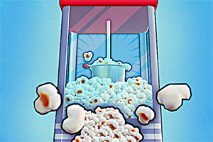 En popcornmaskin som popper popcorn, med korn som flyr ut i luften