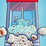 En popcornmaskin som popper popcorn, med korn som flyr ut i luften