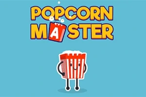 Tegneserieillustrasjon av en smilende popkornbøtte med armer og ben på en blå bakgrunn, over teksten POPCORN MASTER