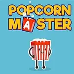 Tegneserieillustrasjon av en smilende popkornbøtte med armer og ben på en blå bakgrunn, over teksten POPCORN MASTER
