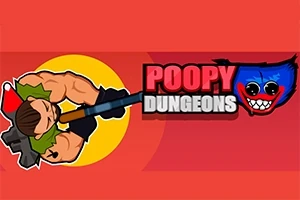 En tegneseriefigur med muskler og et våpen står foran en gul sirkel, ved siden av teksten Poopy Dungeons og en blå, smilende ansikt med spisse tenner på rød bakgrunn