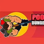 En tegneseriefigur med muskler og et våpen står foran en gul sirkel, ved siden av teksten Poopy Dungeons og en blå, smilende ansikt med spisse tenner på rød bakgrunn