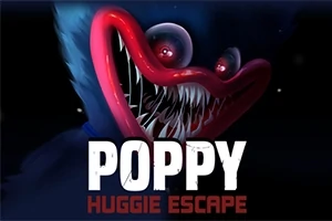 Illustrasjon av et stort, smilende monster med skarpe tenner og rød munn i en mørk bakgrunn, med teksten Poppy Huggie Escape nedenfor