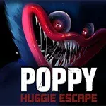 Illustrasjon av et stort, smilende monster med skarpe tenner og rød munn i en mørk bakgrunn, med teksten Poppy Huggie Escape nedenfor