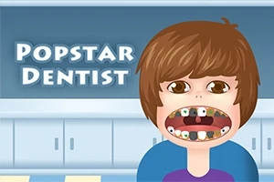 Illustrasjon av en tegneseriefigur med åpen munn og ødelagte tenner, foran en tannlegebakgrunn med teksten Popstar Dentist