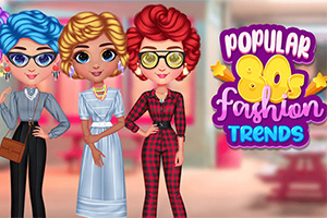 Tre stilige figurer med fargerike frisyrer og moteantrekk fra 80-tallet, med teksten Popular 80s Fashion Trends ved siden av
