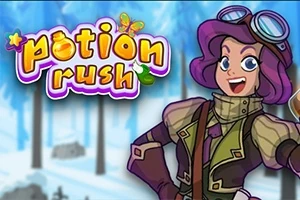 Tegneseriefigur med lilla hår og pilothjelm foran en snødekt skog, med teksten potion rush i fargerike bokstaver ved siden av