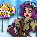 Tegneseriefigur med lilla hår og pilothjelm foran en snødekt skog, med teksten potion rush i fargerike bokstaver ved siden av
