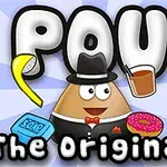 En tegneseriefigur iført hatt og sløyfe, omgitt av elementer som en banan, såpe, en drink og en donut, med teksten Pou The Original på en stripete bakgrunn