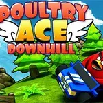 Tegnet rød fugl i racerbil ned en bakke omgitt av trær, med tittelen Poultry Ace Downhill øverst