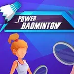 To stiliserte figurer i sportsantrekk med badmintonracketer og teksten Power Badminton på en fargerik bakgrunn