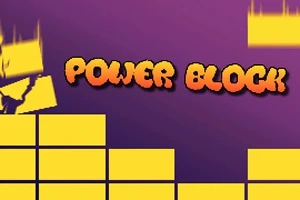 Gul tekst med ordene POWER BLOCK på en lilla bakgrunn med gule blokker over og under teksten