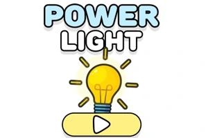 Teksten POWER LIGHT over en lyspære med glødetråder og lysstråler som kommer fra den, med en play-knapp under