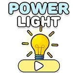Teksten POWER LIGHT over en lyspære med glødetråder og lysstråler som kommer fra den, med en play-knapp under