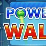 Fargerik tekst POWER WALL med en grønn kule i bokstaven O på en blå bakgrunn med tekniske elementer rundt