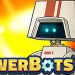 To roboter med firkantede hoder mot en fargerik bakgrunn med teksten PowerBots nederst