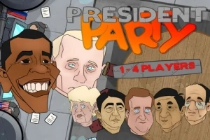 Karikerte ansikter av ulike politiske ledere med teksten President Party og 1-4 Players i bakgrunnen
