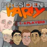 Karikerte ansikter av ulike politiske ledere med teksten President Party og 1-4 Players i bakgrunnen