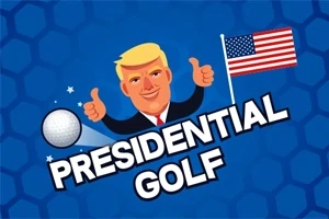 Tegneseriefigur med blondt hår gir tommel opp ved siden av en golfball og et amerikansk flagg, med teksten Presidential Golf på blå bakgrunn
