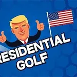 Tegneseriefigur med blondt hår gir tommel opp ved siden av en golfball og et amerikansk flagg, med teksten Presidential Golf på blå bakgrunn