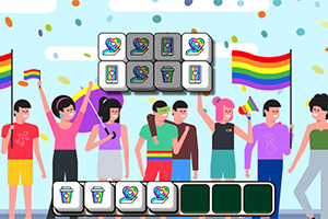 En gruppe mennesker feirer, holder regnbueflagg og pride-symboler, mens fargerike konfetti faller i bakgrunnen