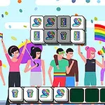 En gruppe mennesker feirer, holder regnbueflagg og pride-symboler, mens fargerike konfetti faller i bakgrunnen