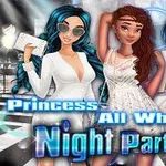 Tre animerte figurer kledd i hvitt på en nattklubb med teksten Princess All White Night Party i forgrunnen