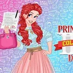 Rødhåret kvinne med langt hår holder et dokument og en rosa veske, omringet av ulike skolerelaterte symboler og teksten Princess College Day