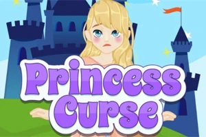 En trist prinsesse med blondt hår foran et slott med teksten Princess Curse i rosa og lilla bokstaver