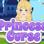 En trist prinsesse med blondt hår foran et slott med teksten Princess Curse i rosa og lilla bokstaver