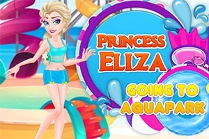 En tegnet jente iført turkise badeklær står foran fargerike vannsklier og skilt med teksten Princess Eliza Going to Aquapark