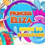 En tegnet jente iført turkise badeklær står foran fargerike vannsklier og skilt med teksten Princess Eliza Going to Aquapark