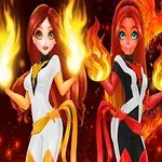 To animeskikkelser med langt rødt hår og flammende hender, omgitt av glødende ild