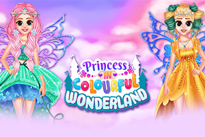 To prinsesser med sommerfuglvinger i fargerike kjoler står foran en bakgrunn av rosa og lilla skyer med teksten Princess in Colourful Wonderland i midten