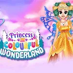 To prinsesser med sommerfuglvinger i fargerike kjoler står foran en bakgrunn av rosa og lilla skyer med teksten Princess in Colourful Wonderland i midten