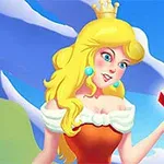 En tegneserieprinsesse med langt blondt hår og krone, iført en oransje kjole, holder en rød krystall i hånden med en blå himmel i bakgrunnen
