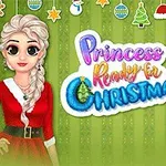 To prinsesser i juleantrekk foran grønn bakgrunn med teksten Princess Ready for Christmas i midten, omgitt av julepynt