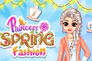 Tegnet jente med hvitt hår i flette, iført oransje jakke, omgitt av lysslynger og smykker, med teksten Princess Spring Fashion