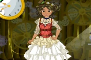 En kvinne i steampunk-antrekk med rødt korsett og hvit rysjekjole står foran et tannhjulsmotiv, ved siden av en delvis synlig klokke
